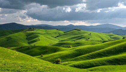 Fototapeta premium Rolling green hills under a dramatic sky with dark clouds and patches of sunlight illuminate the landscape.