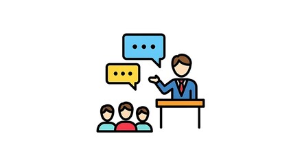Obraz premium Illustration of a presenter at a podium speaking to an audience with speech bubbles above them