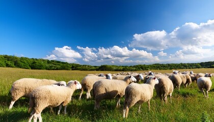 a majestic flock of sheep grazing in a sunny field under a bright blue sky photo