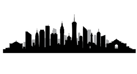 Naklejka premium Black Silhouette of a City Skyline with Various Buildings and Structures.
