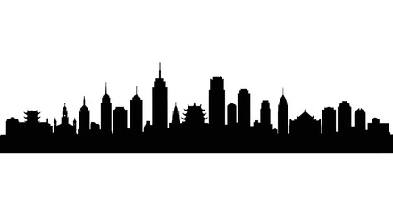 Black Silhouette of a City Skyline with Skyscrapers and Traditional Buildings.