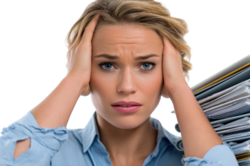 Photo of stressed woman with hands on her head, overwhelmed by a large stack of papers and documents, symbolizing work pressure and deadlines, isolated on transparent background