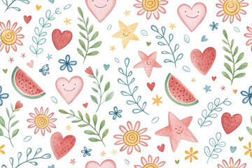 seamless pattern with flowers ,  Whimsical Watercolor Summer Doodle Pattern