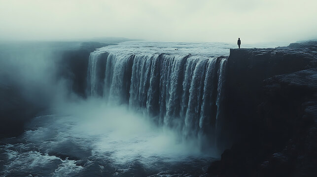 Solitary Figure at Majestic Waterfall in Misty Landscape