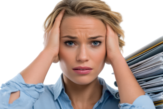 Photo of stressed woman with hands on her head, overwhelmed by a large stack of papers and documents, symbolizing work pressure and deadlines, isolated on transparent background
