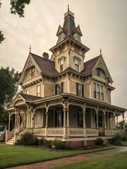 Naklejka premium A victorian style house with a tower and a large porch surrounded by green grass and some trees