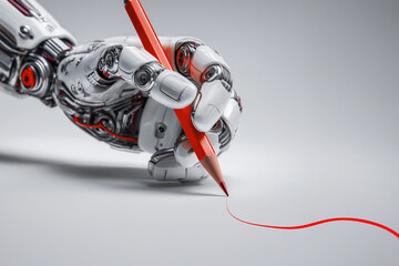  White cyborg robotic hand draws a red line with the pencil - 3D rendering.