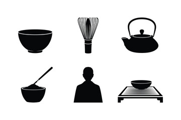 Black silhouette of tea ceremony objects and person matcha whisk