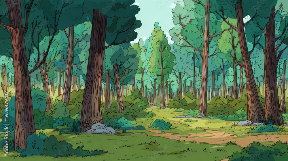 Poster sunlight filters through a dense canopy in a tranquil forest, illuminating a clear path lined by tow