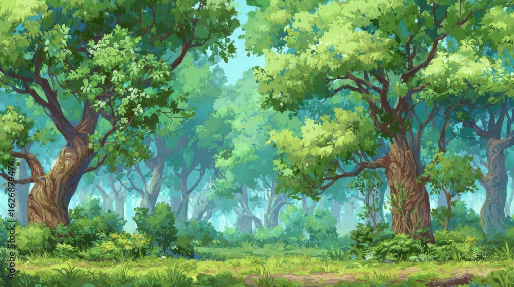 Poster sunlight filters through the dense canopy of trees in a serene forest. the scene is filled with rich