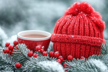 Red winter knit hat with steaming cup of tea resting on snowy evergreen branches and red berries