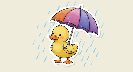 Cartoon Duckling Under a Colorful Umbrella in the Rain.
