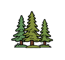 Stylized cartoon forest scene with three green coniferous trees and grassy ground, rendered with bold outlines