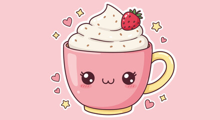 Kawaii Pink Mug with Cream Strawberry and Cute Facial Features.