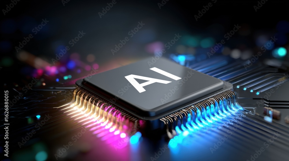 Poster a computer chip showcases the letters ai prominently displayed on its surface. surrounding the chip 