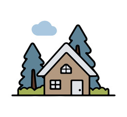 Cozy cabin nestled among winter trees with a light blue cloud overhead, simple stylized illustration