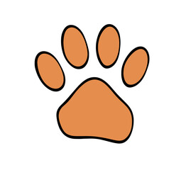 Cute cartoon orange paw print with black outline symbol for pets and animals
