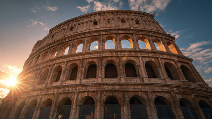 Naklejka premium Colosseum with soft sunset lighting, lens flare