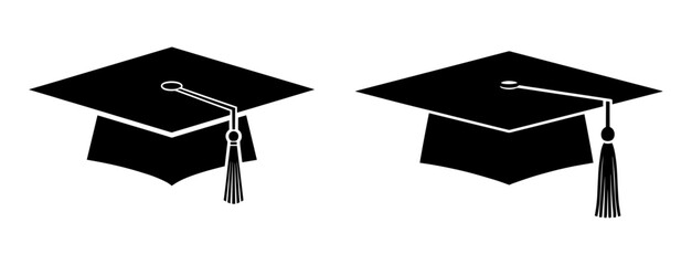 Vector art of two black graduation caps with tassels isolated on white background