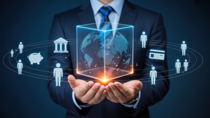 Businessman holding a glowing cube with global network and financial symbols