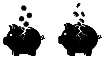 Vector art of two black silhouette piggy banks with coins falling into them, one is broken isolated on white background