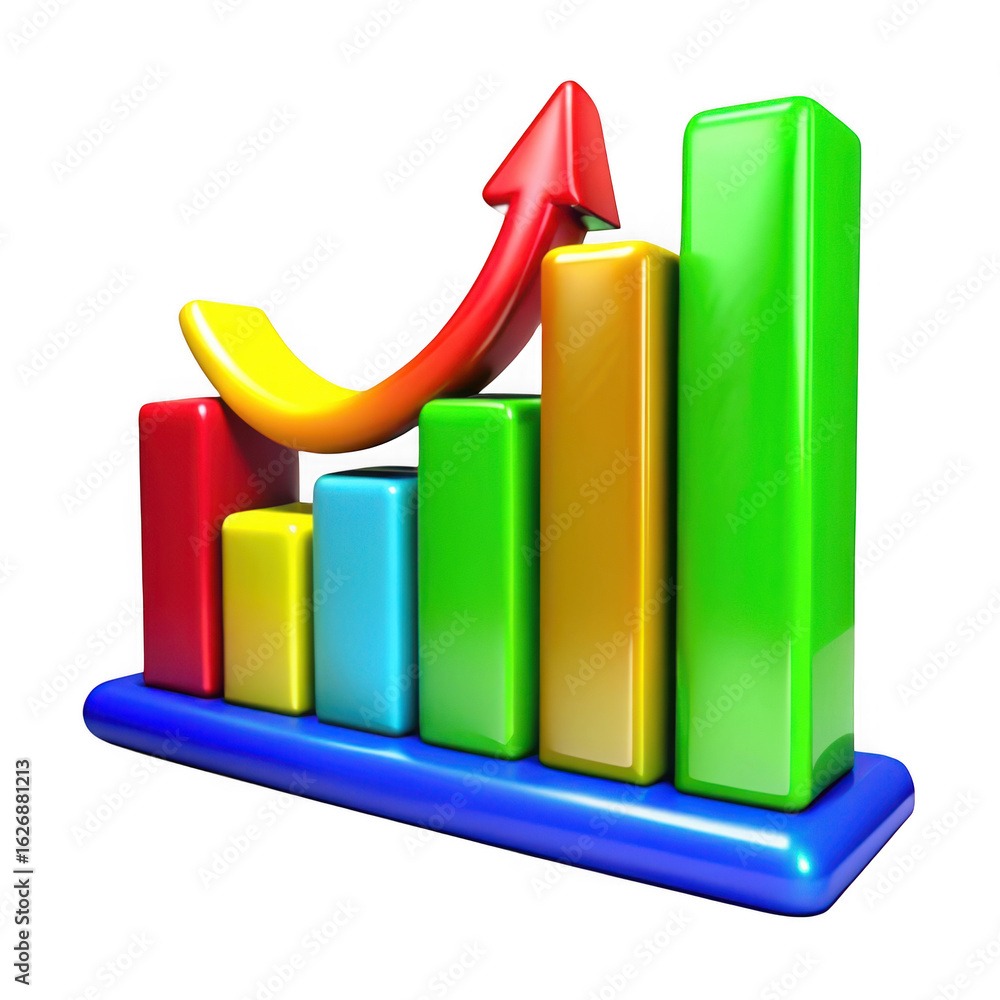 Poster 3d bar graph with upward trend arrow isolated on transparent background