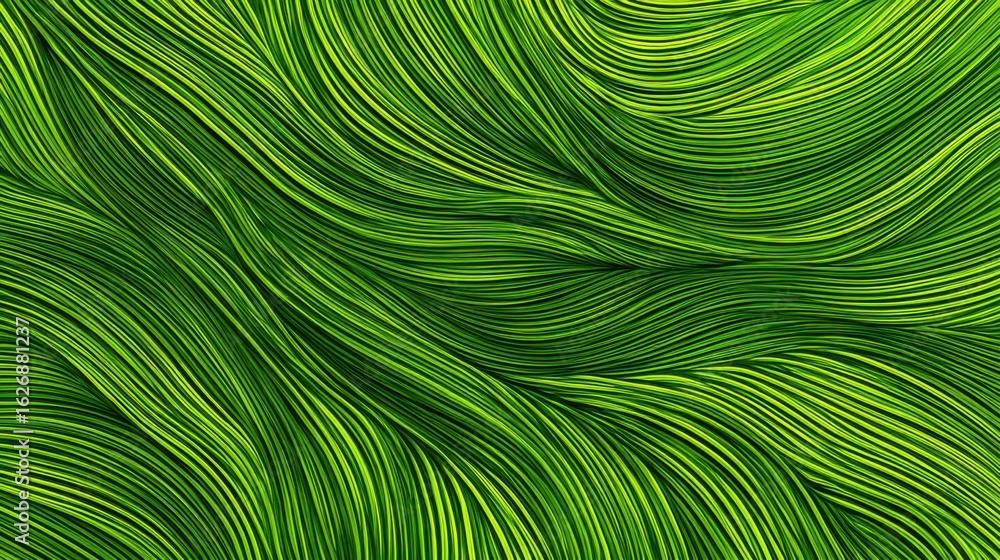 Poster vivid green lines flow in waves, creating an abstract representation of nature. the design evokes a 