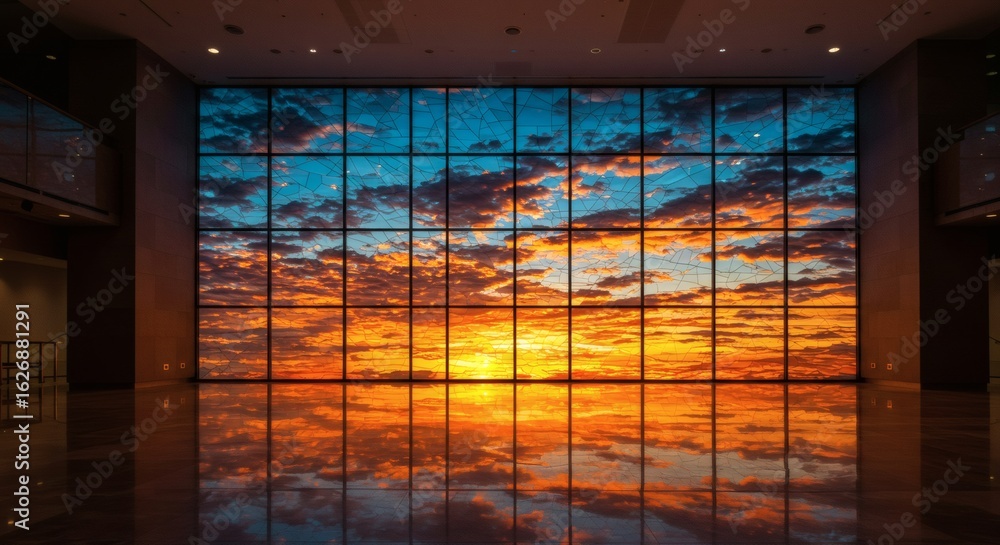 Poster skyview art display : this image showcases a mesmerizing indoor display featuring a vibrant sky refl