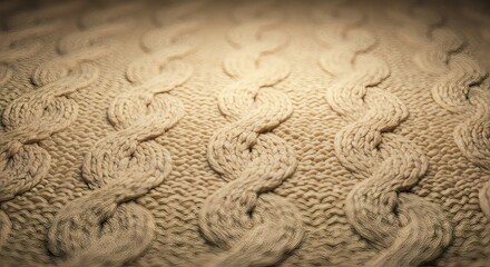 Cozy Woolen Texture: A close-up captures the intricate pattern of a hand-knitted wool garment, revealing the soft texture and subtle details, perfect for evoking warmth and comfort.