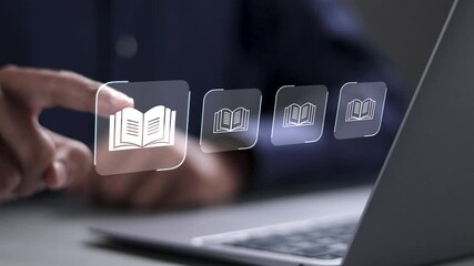 E-library concept. Person use laptop with E-book icons for electronic books online, knowledge base on internet, digital library or e-library. - Powered by Adobe
