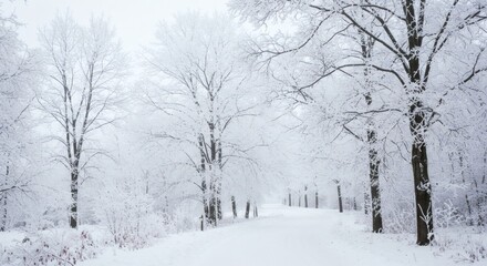 Obraz premium Winter Wonderland Path: A pristine snow-covered path winds through a serene forest, where bare trees are exquisitely draped in a blanket of shimmering frost.