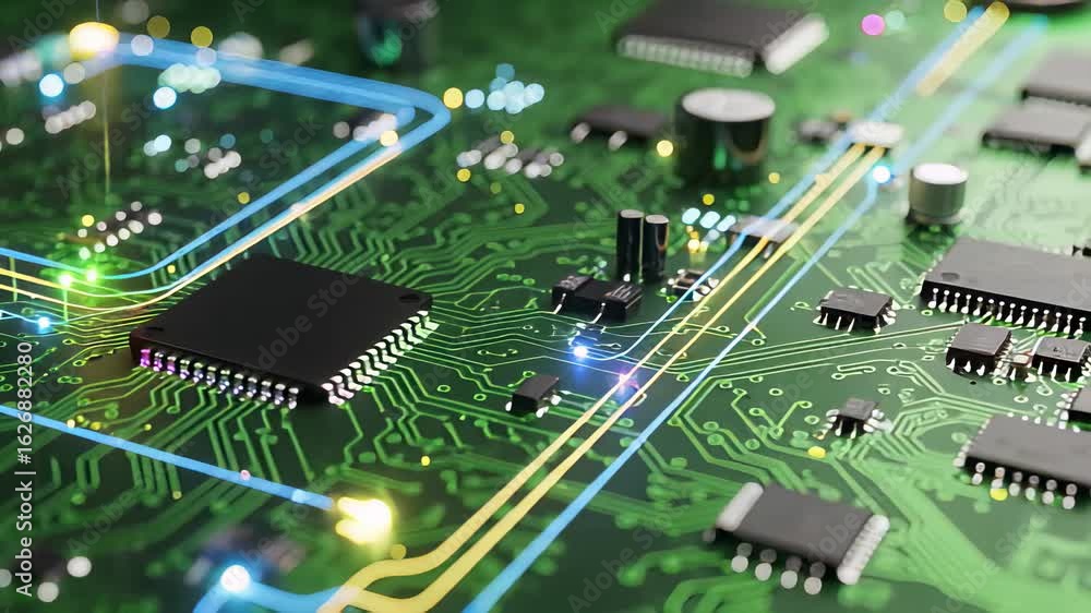 Poster dynamic closeup of a vibrant circuit board showcasing advanced technology in action