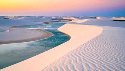 Pastel sunset over coastal sandbank forming natural S-curve with soft colours and tranquil seascape in scenic shoreline view.

