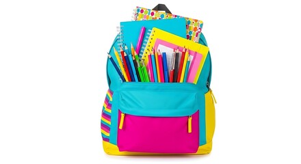 A colorful backpack filled with school supplies including notebooks and writing utensils on white