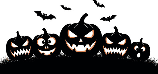 Fototapeta premium A spooky halloween scene featuring a row of five carved jack o lanterns with glowing eyes and jagged teeth against a white background with flying bats