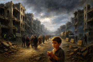 A war-torn cityscape reveals the harsh reality of crisis: destroyed buildings, displaced civilians, and a child’s gaze toward unreachable humanitarian aid under a glimmer of fading sunlight.