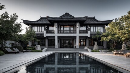 Obraz premium Elegant modern mansion amid lush greenery at dusk. Neural network AI generated