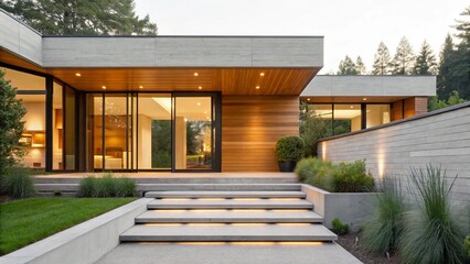 Fototapeta premium An impressive contemporary residence showcasing sleek design and premium materials like concrete and natural wood paneling