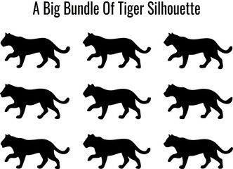 Multiple Walking Tiger Silhouettes in a Pattern on White Background