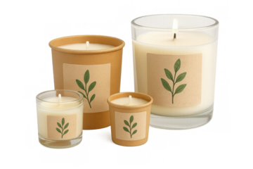 Varied-size candles burning, featuring leaf branding, radiating soft illumination and warm ambiance for soothing home decor