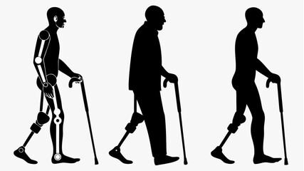 Obraz premium Three silhouettes of men with varying degrees of prosthetic leg technology using walking canes for support