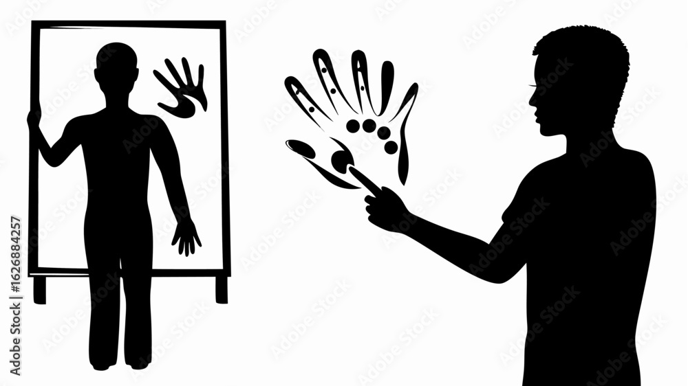 Poster silhouette of person pointing at handprint design with person standing near a handprint on canvas