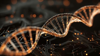 Glowing dna helix in digital cosmos. Neural network AI generated