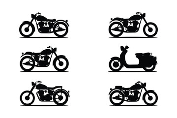 Classic motorcycles and scooter silhouettes black white