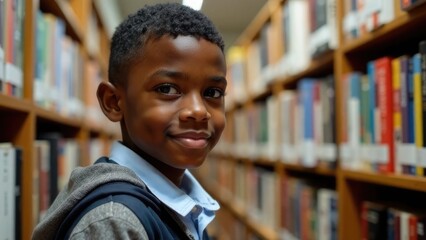 Young Black student laughing joyfully, wearing backpack in library. Celebrates childhood education and diversity in learning spaces