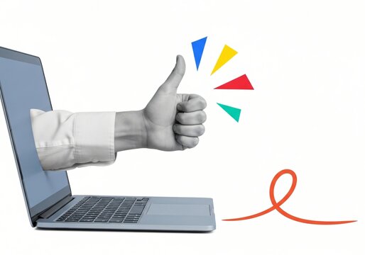 Thumbs up from laptop screen, a positive online endorsement and successful digital communication with vibrant graphic elements.