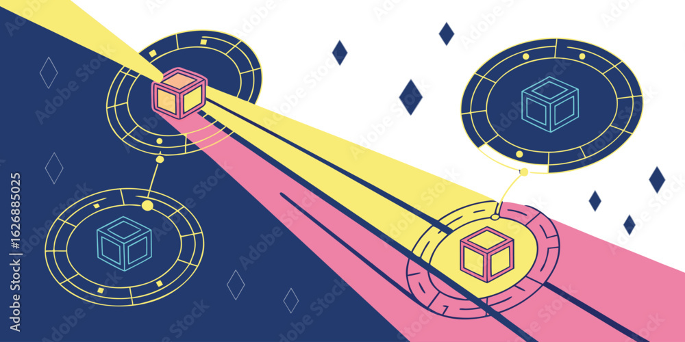 Poster vector art of abstract geometric design featuring cubes connected by light beams representing techno