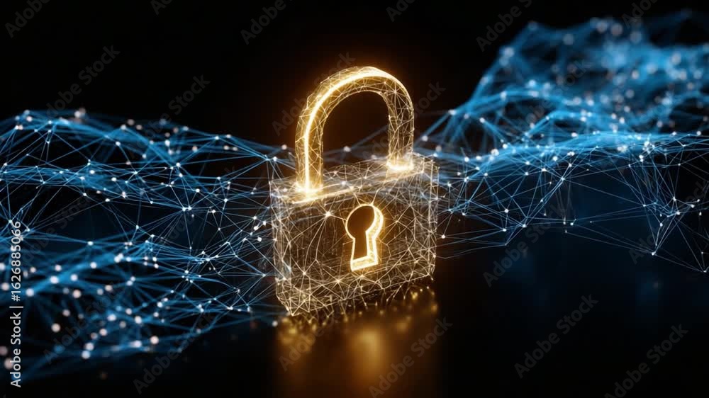 Poster digital fortress: a radiant, digital padlock glows, symbolizing security and protection within a vas