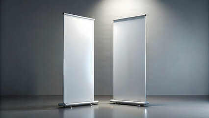 Two blank white roll up banner stands in a modern studio with spotlight and reflective floor