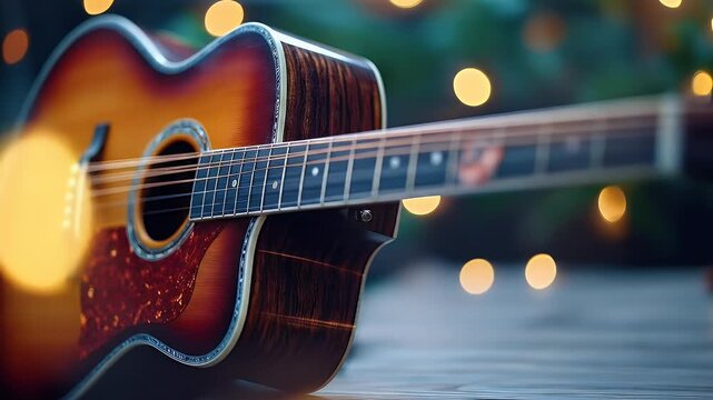 A Cinematic Journey Across a Sunburst Acoustic Guitar with Warm, Glowing Bokeh Lights